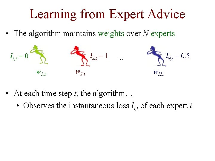 Learning from Expert Advice • The algorithm maintains weights over N experts l 1,