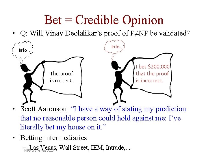Bet = Credible Opinion • Q: Will Vinay Deolalikar’s proof of P≠NP be validated?