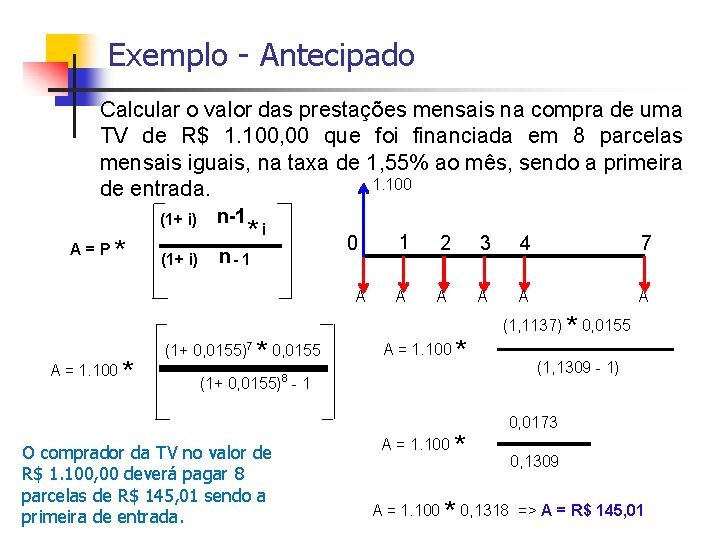 Exemplo - Antecipado Calcular o valor das prestações mensais na compra de uma TV