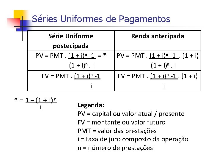 Séries Uniformes de Pagamentos Série Uniforme postecipada PV = PMT. (1 + i)n -1