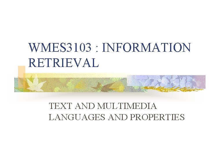 WMES 3103 : INFORMATION RETRIEVAL TEXT AND MULTIMEDIA LANGUAGES AND PROPERTIES 