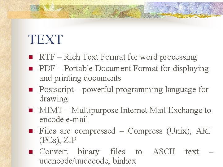 TEXT n n n RTF – Rich Text Format for word processing PDF –