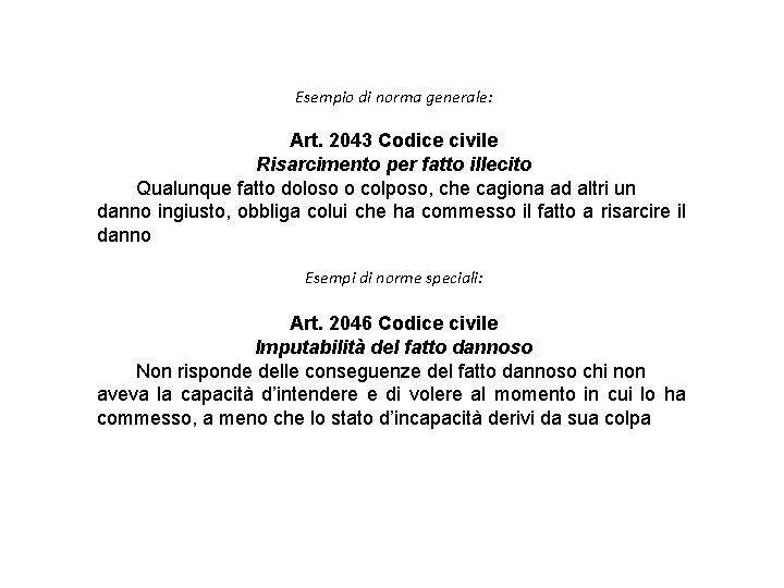 Esempio di norma generale: Art. 2043 Codice civile Risarcimento per fatto illecito Qualunque fatto