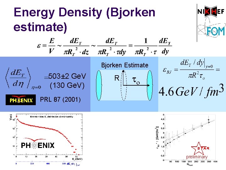 Energy Density (Bjorken estimate) Bjorken Estimate 503± 2 Ge. V (130 Ge. V) R