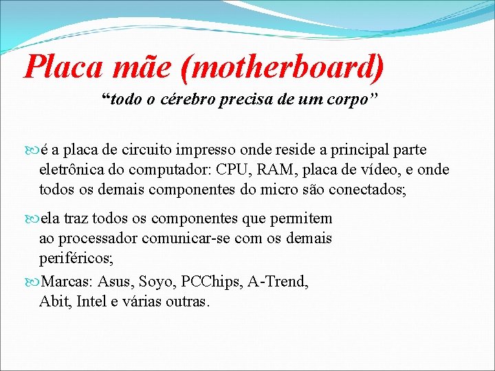 Placa mãe (motherboard) “todo o cérebro precisa de um corpo” é a placa de