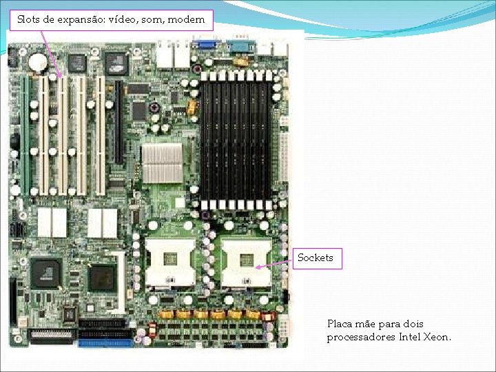Slots de expansão: vídeo, som, modem Sockets Placa mãe para dois processadores Intel Xeon.