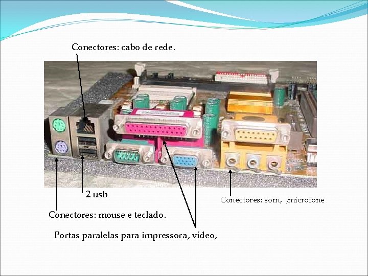 Conectores: cabo de rede. 2 usb Conectores: mouse e teclado. Portas paralelas para impressora,
