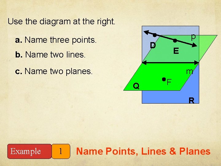 Use the diagram at the right. a. Name three points. p D b. Name
