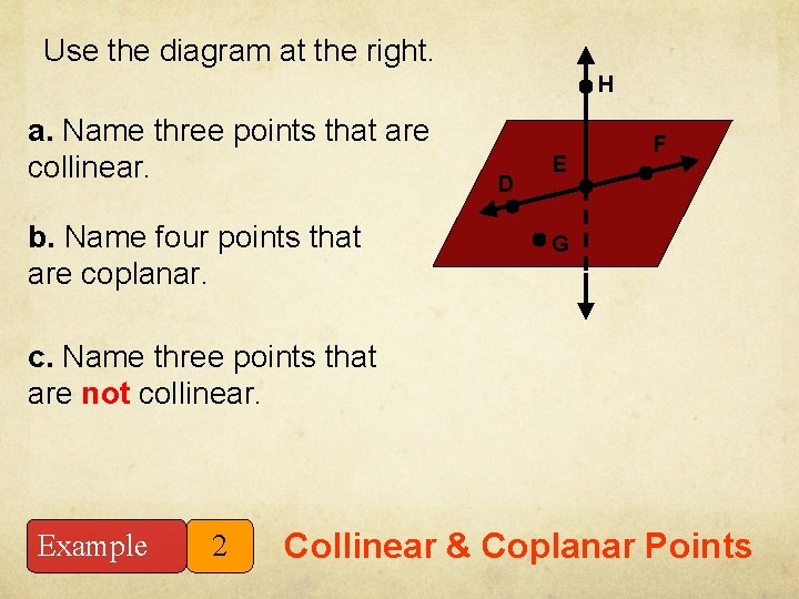 Use the diagram at the right. H a. Name three points that are collinear.