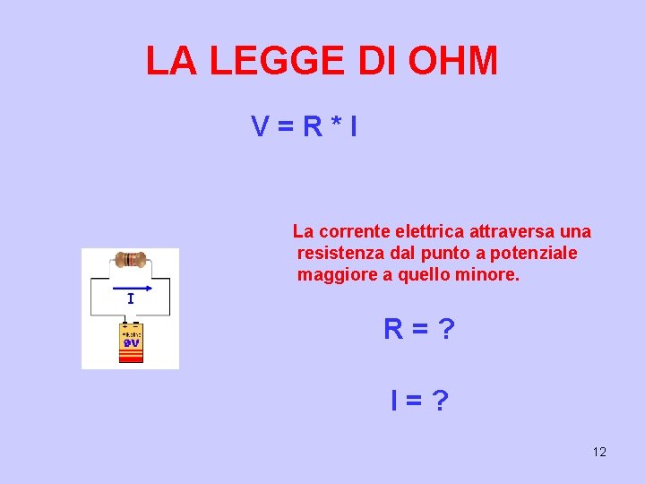 LA LEGGE DI OHM V=R*I La corrente elettrica attraversa una resistenza dal punto a