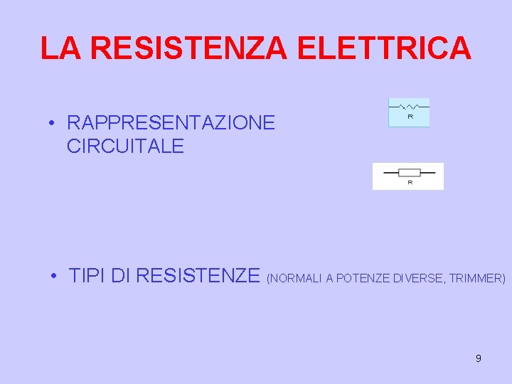 LA RESISTENZA ELETTRICA • RAPPRESENTAZIONE CIRCUITALE • TIPI DI RESISTENZE (NORMALI A POTENZE DIVERSE,