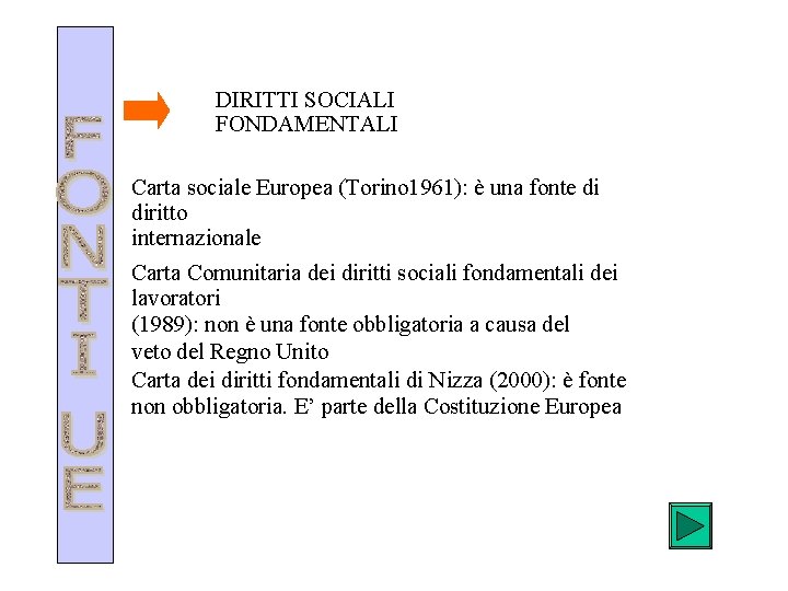 DIRITTI SOCIALI FONDAMENTALI Carta sociale Europea (Torino 1961): è una fonte di diritto internazionale