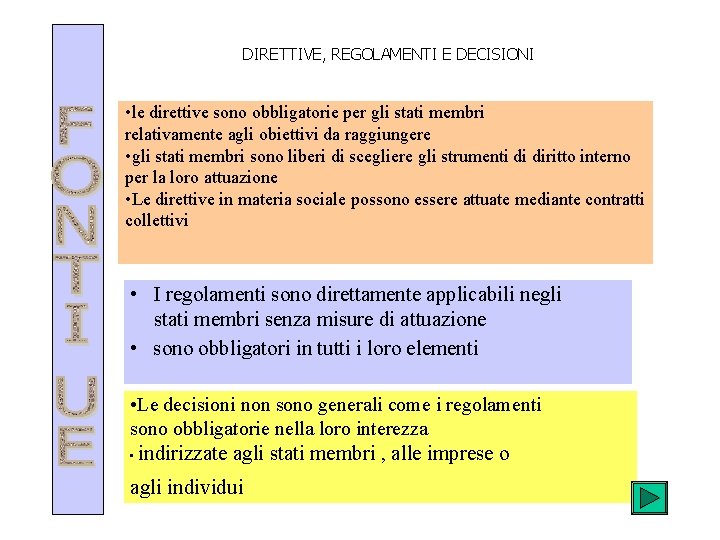 DIRETTIVE, REGOLAMENTI E DECISIONI • le direttive sono obbligatorie per gli stati membri relativamente