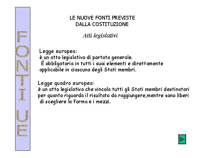 LE NUOVE FONTI PREVISTE DALLA COSTITUZIONE Atti legislativi Legge europea: è un atto legislativo