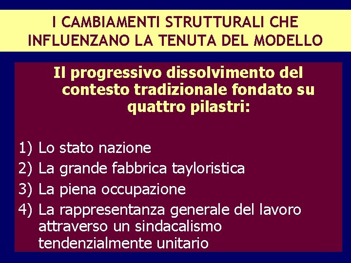 I CAMBIAMENTI STRUTTURALI CHE INFLUENZANO LA TENUTA DEL MODELLO Il progressivo dissolvimento del contesto