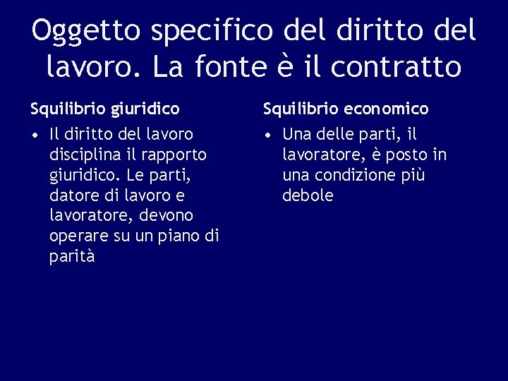 Oggetto specifico del diritto del lavoro. La fonte è il contratto Squilibrio giuridico Squilibrio