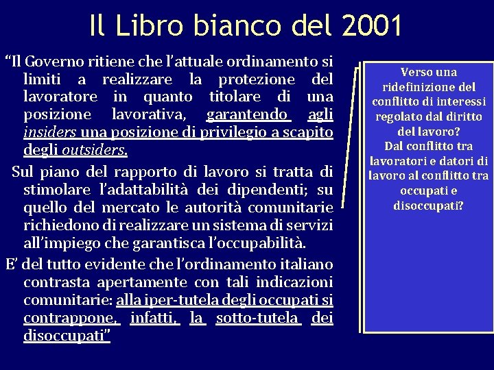 Il Libro bianco del 2001 “Il Governo ritiene che l’attuale ordinamento si limiti a