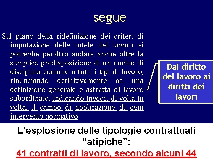 segue Sul piano della ridefinizione dei criteri di imputazione delle tutele del lavoro si