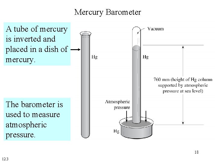 Mercury Barometer A tube of mercury is inverted and placed in a dish of