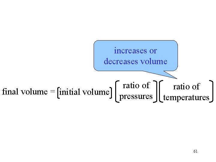 increases or decreases volume final volume = initial volume ratio of pressures ratio of