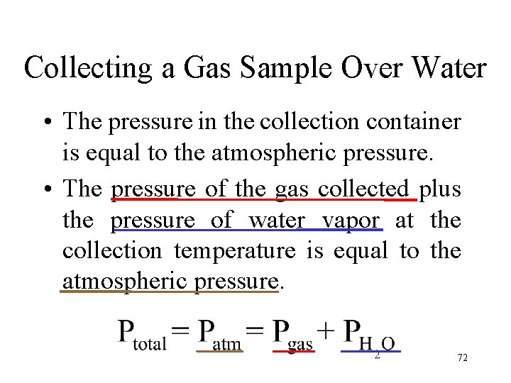 Collecting a Gas Sample Over Water • The pressure in the collection container is