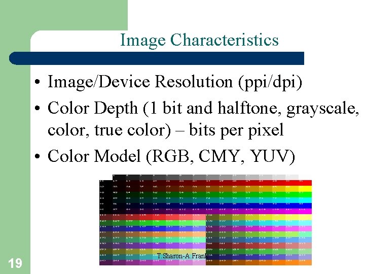 Image Characteristics • Image/Device Resolution (ppi/dpi) • Color Depth (1 bit and halftone, grayscale,