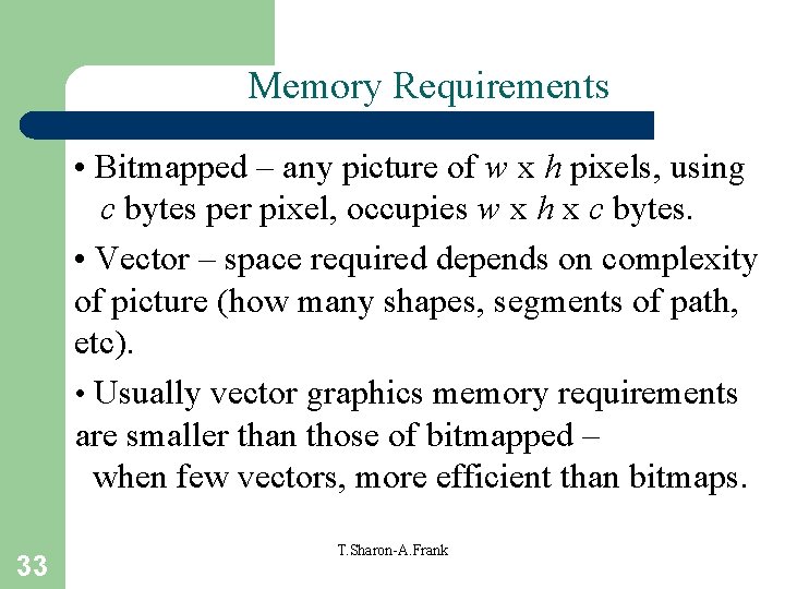 Memory Requirements • Bitmapped – any picture of w x h pixels, using c