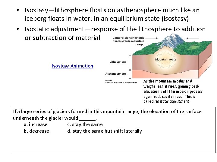 • Isostasy—lithosphere floats on asthenosphere much like an iceberg floats in water, in • Isostasy—lithosphere floats on asthenosphere much like an iceberg floats in water, in
