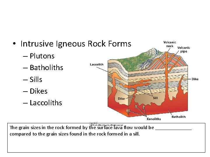 • Intrusive Igneous Rock Forms – Plutons – Batholiths – Sills – Dikes • Intrusive Igneous Rock Forms – Plutons – Batholiths – Sills – Dikes