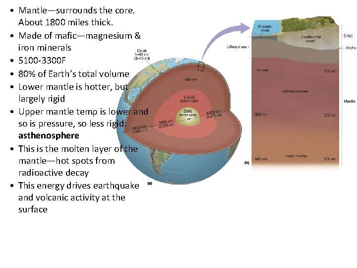 • Mantle—surrounds the core. About 1800 miles thick. • Made of mafic—magnesium & • Mantle—surrounds the core. About 1800 miles thick. • Made of mafic—magnesium &