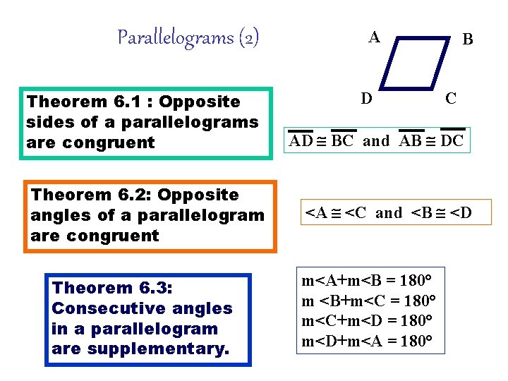 Parallelograms (2) Theorem 6. 1 : Opposite sides of a parallelograms are congruent Theorem