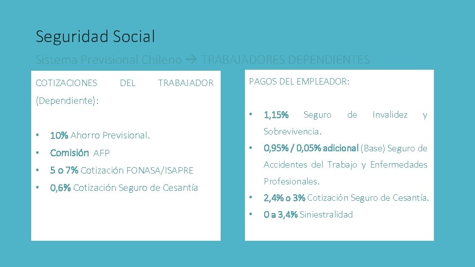 Seguridad Social Sistema Previsional Chileno TRABAJADORES DEPENDIENTES COTIZACIONES DEL TRABAJADOR PAGOS DEL EMPLEADOR: (Dependiente):