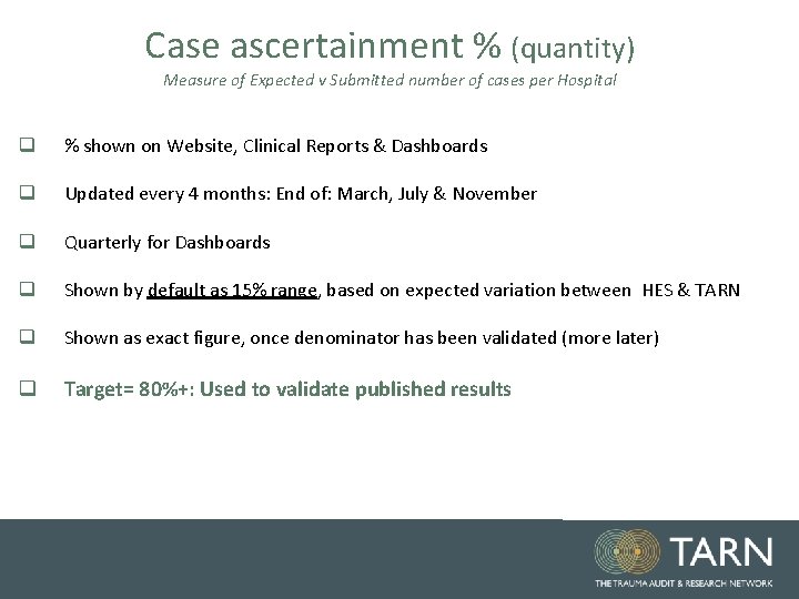 Case ascertainment % (quantity) Measure of Expected v Submitted number of cases per Hospital