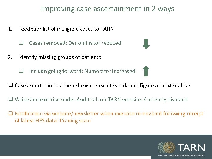 Improving case ascertainment in 2 ways 1. Feedback list of ineligible cases to TARN