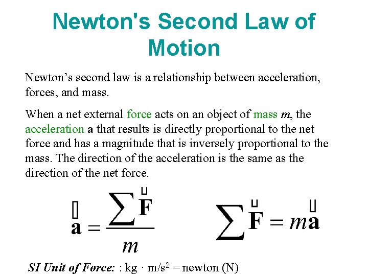 Newton's Second Law of Motion Newton’s second law is a relationship between acceleration, forces,
