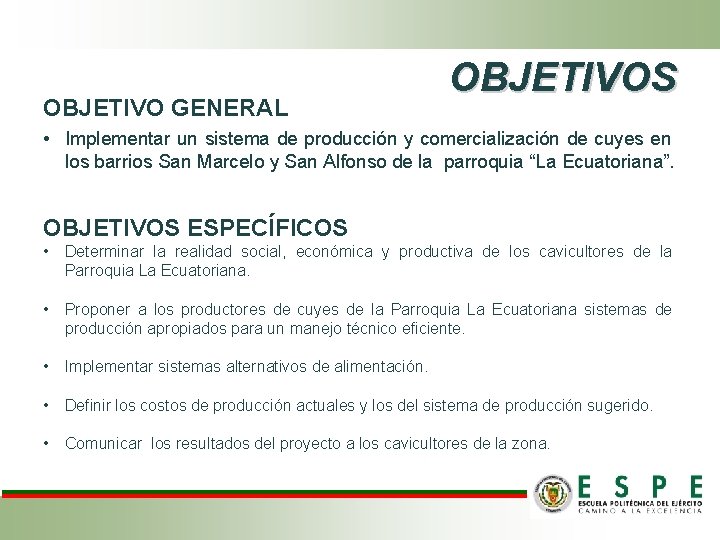 OBJETIVO GENERAL OBJETIVOS • Implementar un sistema de producción y comercialización de cuyes en OBJETIVO GENERAL OBJETIVOS • Implementar un sistema de producción y comercialización de cuyes en