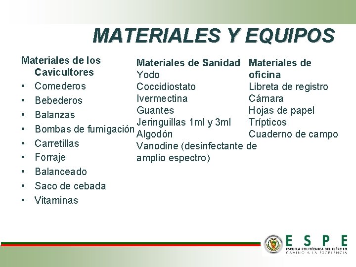 MATERIALES Y EQUIPOS Materiales de los Materiales de Sanidad Materiales de Cavicultores oficina Yodo MATERIALES Y EQUIPOS Materiales de los Materiales de Sanidad Materiales de Cavicultores oficina Yodo