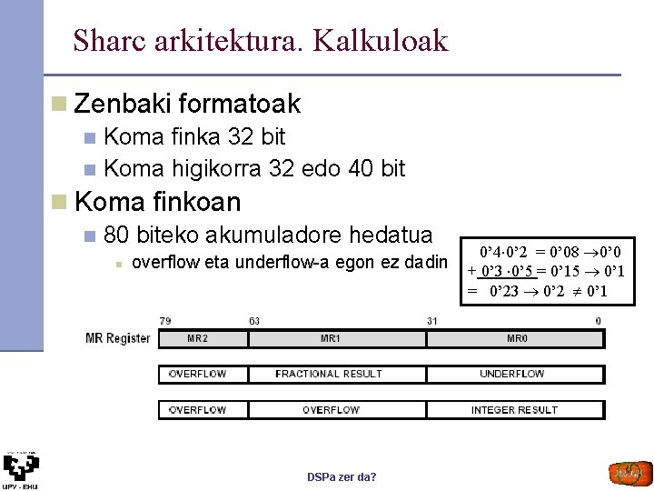 Sharc arkitektura. Kalkuloak n Zenbaki formatoak Koma finka 32 bit n Koma higikorra 32 Sharc arkitektura. Kalkuloak n Zenbaki formatoak Koma finka 32 bit n Koma higikorra 32