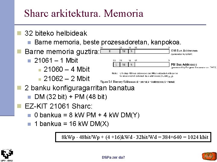 Sharc arkitektura. Memoria n 32 biteko helbideak n Barne memoria, beste prozesadoretan, kanpokoa. n Sharc arkitektura. Memoria n 32 biteko helbideak n Barne memoria, beste prozesadoretan, kanpokoa. n