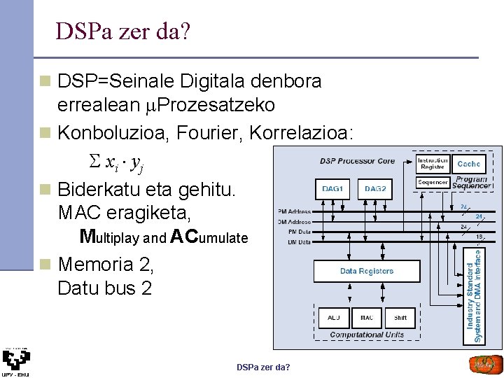 DSPa zer da? n DSP=Seinale Digitala denbora errealean Prozesatzeko n Konboluzioa, Fourier, Korrelazioa: xi DSPa zer da? n DSP=Seinale Digitala denbora errealean Prozesatzeko n Konboluzioa, Fourier, Korrelazioa: xi