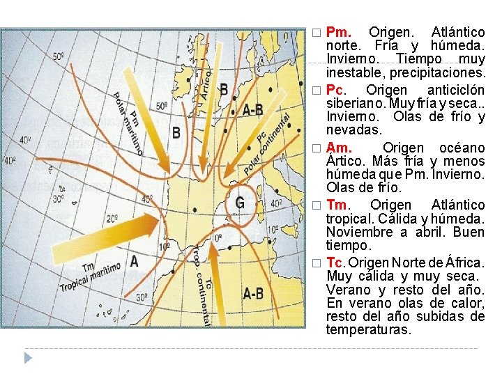Pm. Origen. Atlántico norte. Fría y húmeda. Invierno. Tiempo muy inestable, precipitaciones. � Pc.