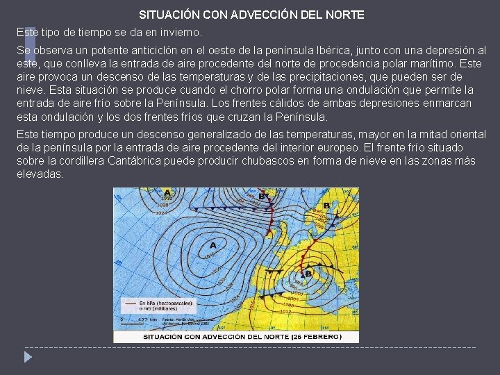 SITUACIÓN CON ADVECCIÓN DEL NORTE Este tipo de tiempo se da en invierno. Se