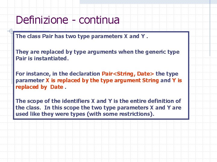 Definizione - continua The class Pair has two type parameters X and Y. They