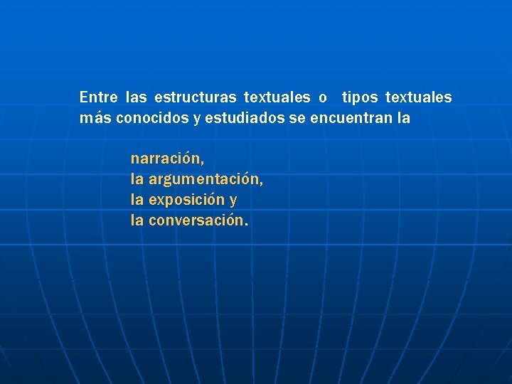 Entre las estructuras textuales o tipos textuales más conocidos y estudiados se encuentran la