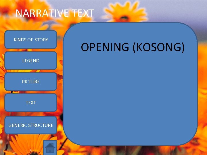 NARRATIVE TEXT KINDS OF STORY LEGEND PICTURE TEXT GENERIC STRUCTURE OPENING (KOSONG) 