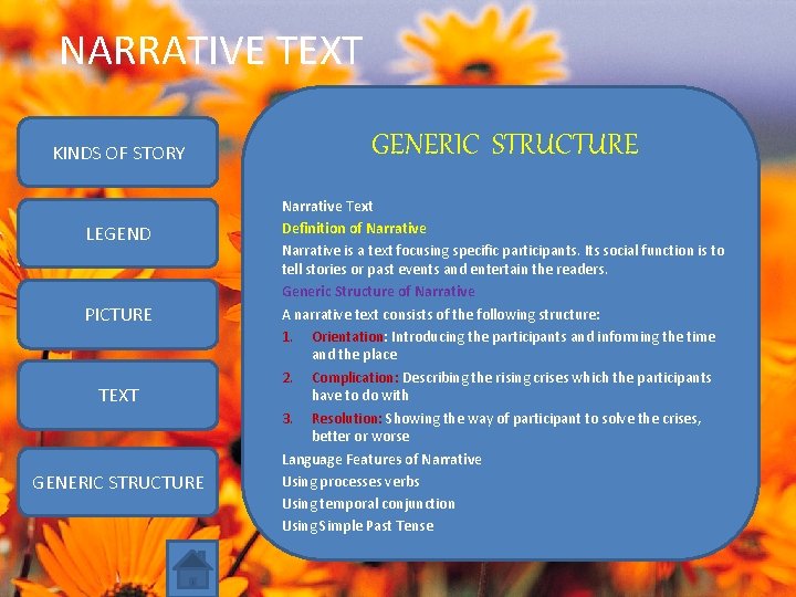 NARRATIVE TEXT KINDS OF STORY LEGEND PICTURE TEXT GENERIC STRUCTURE Narrative Text Definition of