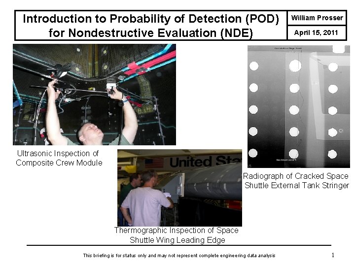 Introduction to Probability of Detection (POD) for Nondestructive Evaluation (NDE) William Prosser April 15,