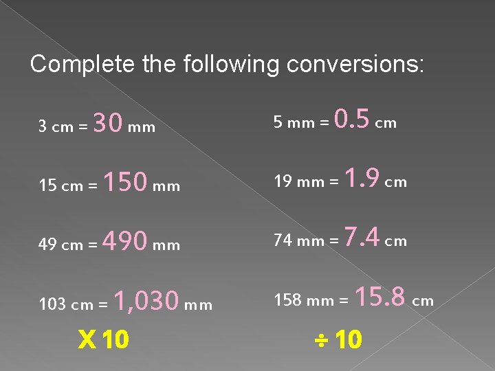 Complete the following conversions: 3 cm = 30 mm 5 mm = 0. 5