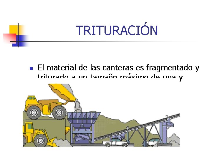 TRITURACIÓN n El material de las canteras es fragmentado y triturado a un tamaño TRITURACIÓN n El material de las canteras es fragmentado y triturado a un tamaño