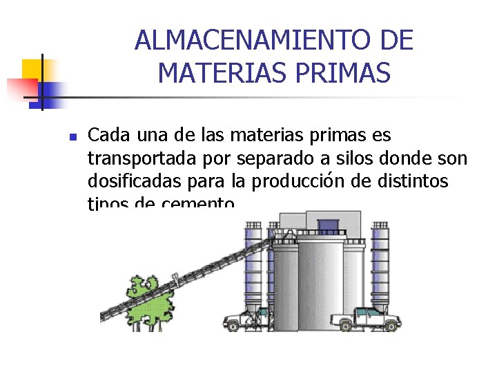 ALMACENAMIENTO DE MATERIAS PRIMAS n Cada una de las materias primas es transportada por ALMACENAMIENTO DE MATERIAS PRIMAS n Cada una de las materias primas es transportada por